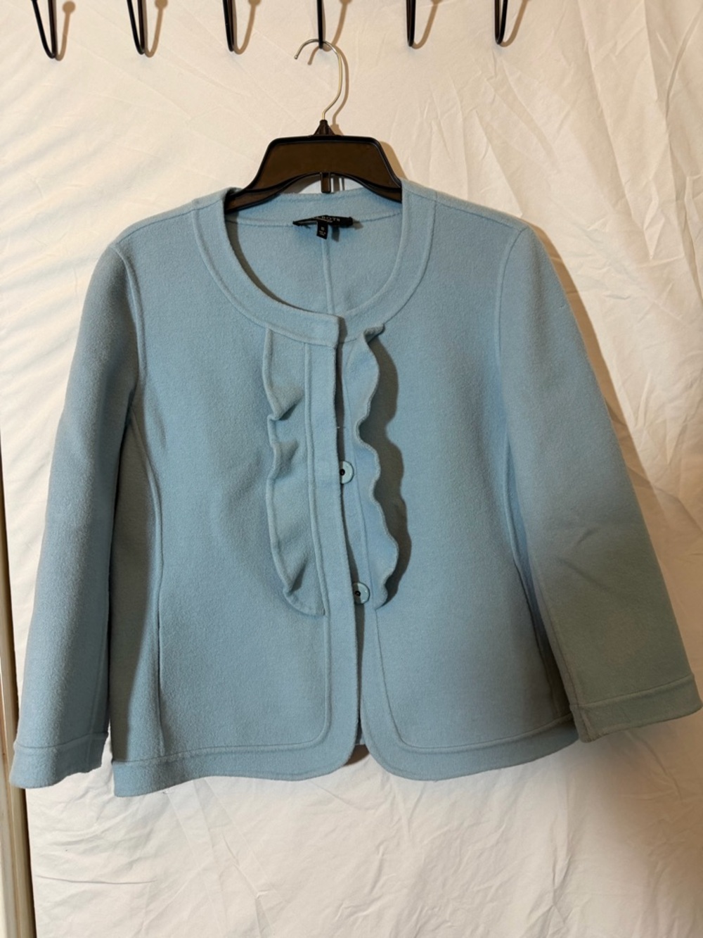 SZ10 Talbots 100% Wool Light Blue Ruffle Front Jacket